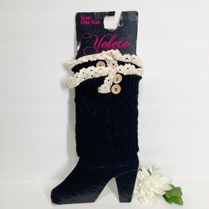 Yelete Boot Cuffs Black Cable Knit Cream Lace Trim Button Accent NEW